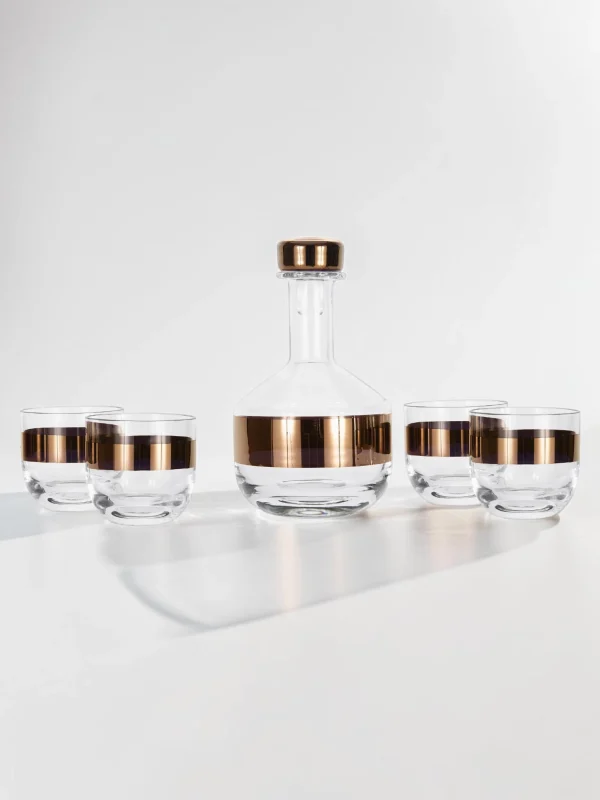 Whiskey Decanter and Glassware Set, Glass with Copper Detailing, 5-Piece