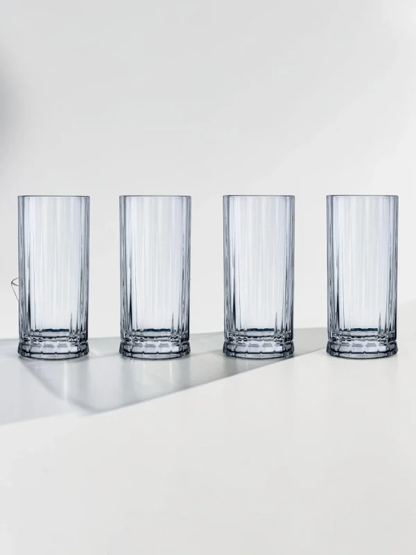 Wayne High Ball Glass Set, Lead-Free Crystal Vertical Ridged Glasses, 4-Piece